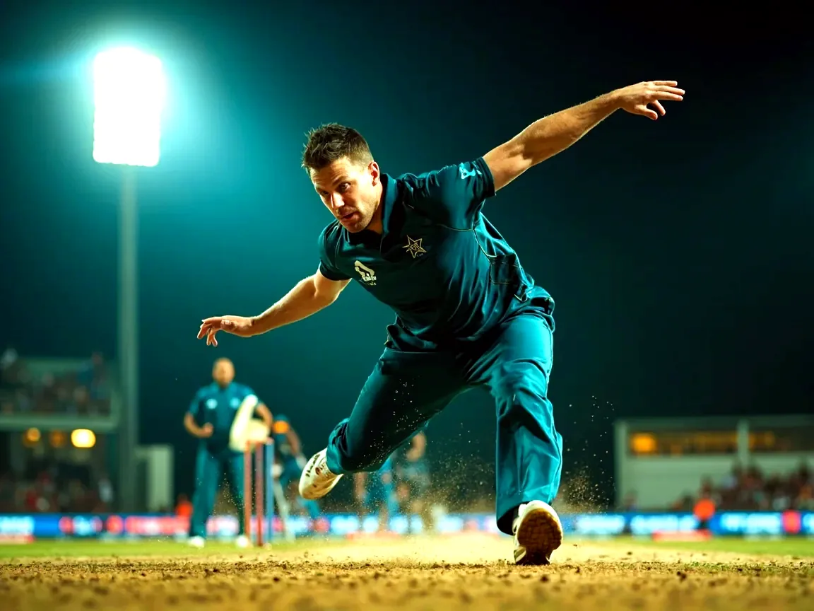 Fast bowler finishing his delivery stride at the death