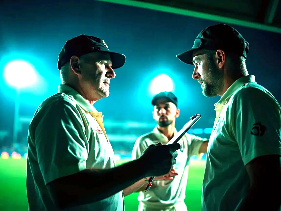 Team support staff in conversation near the dugout