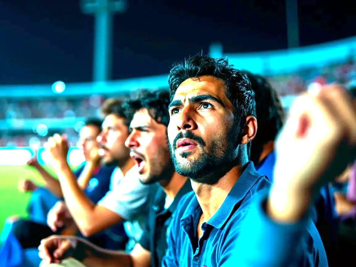 Crowd reacting in the stands at the end of a tense final over