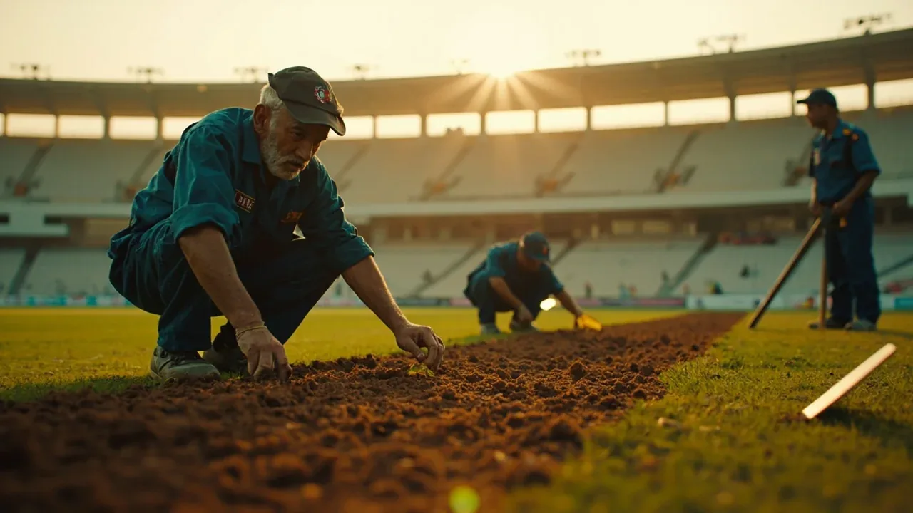 Ground staff inspecting the pitch surface before the evening match