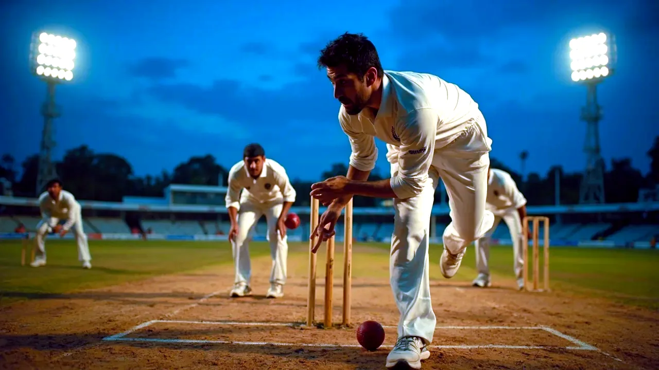 Spinner running through the bowling mark under stadium lights