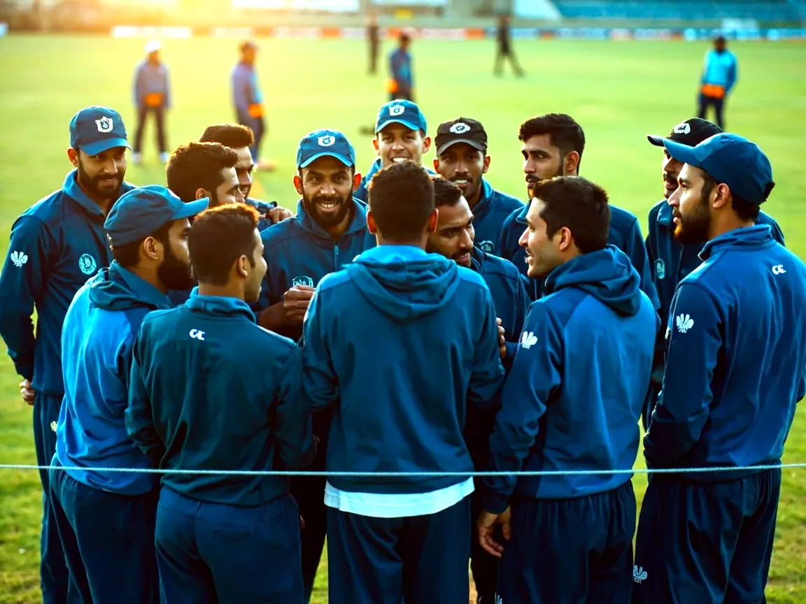 Players gathered in a team huddle near the boundary rope